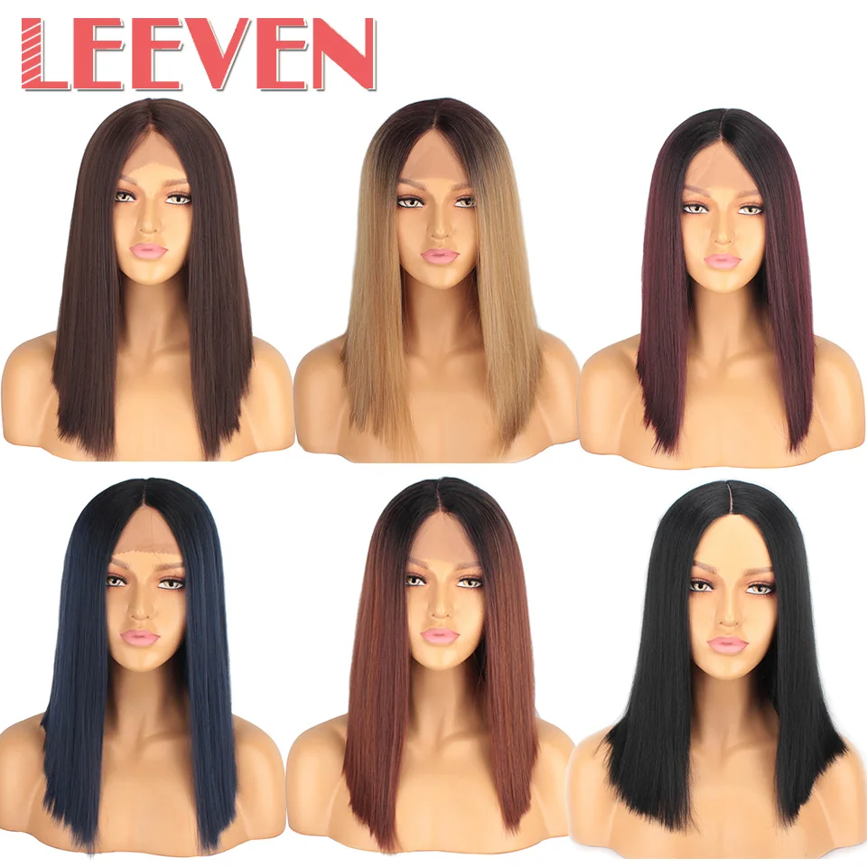 Leeven 14 дюймов синтетический парик спереди короткий Bob pelucas de mujer классические