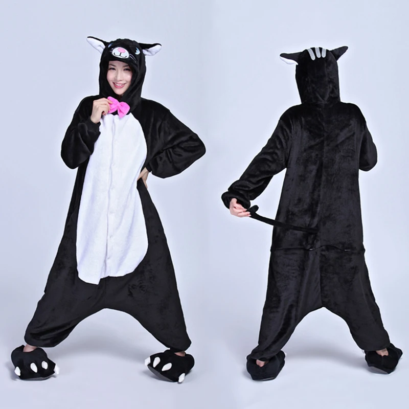 White Black Cat Pajamas Onesies Winter Warm Flannel Adult Women Men