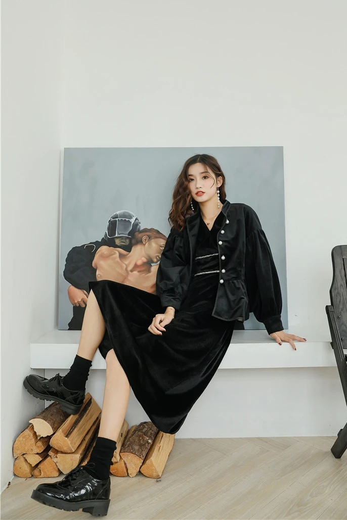 Sauvage D'hiver Rétro Courte Et Manches Veste 1 Femelle Velours Col Lanterne Automne Maison t1ZqxEII