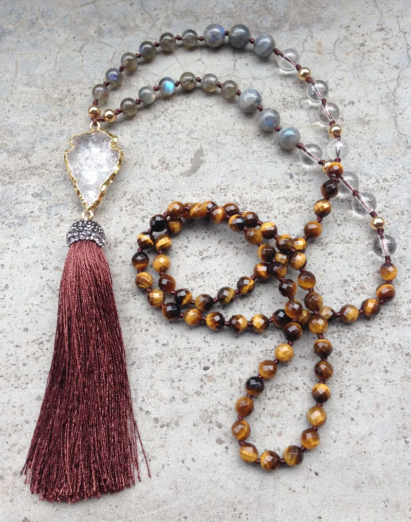 

YA2384 Clear Quartz Arrow Tassel Labradorite Tiger eye Beads Knot Handmade Necklace 30-32inch long