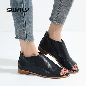 

SWYIVY Shoes Woman Autumn Open Toe Ankle Boots Flat 2019 New Female Causal Shoes Sliver Women Fashion Summer Shoes Boots Black