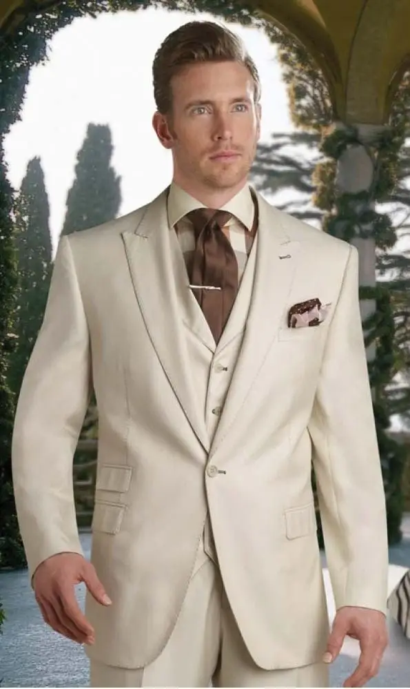 Ticket Pocket Groom Tuxedos Beige Groomsmen peak Lapel Best Man Suit