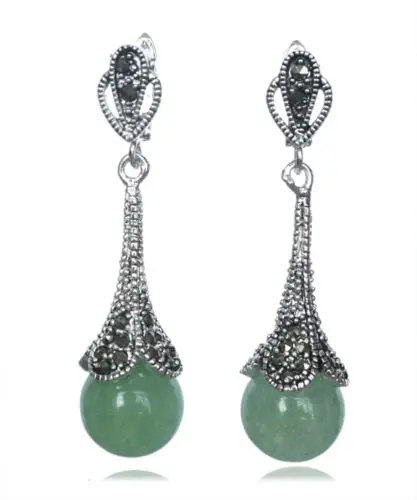 

RARE 925 STERLING SILVER NATURAL GREEN Natural Stone BEADS MARCASITE EARRINGS 14/5