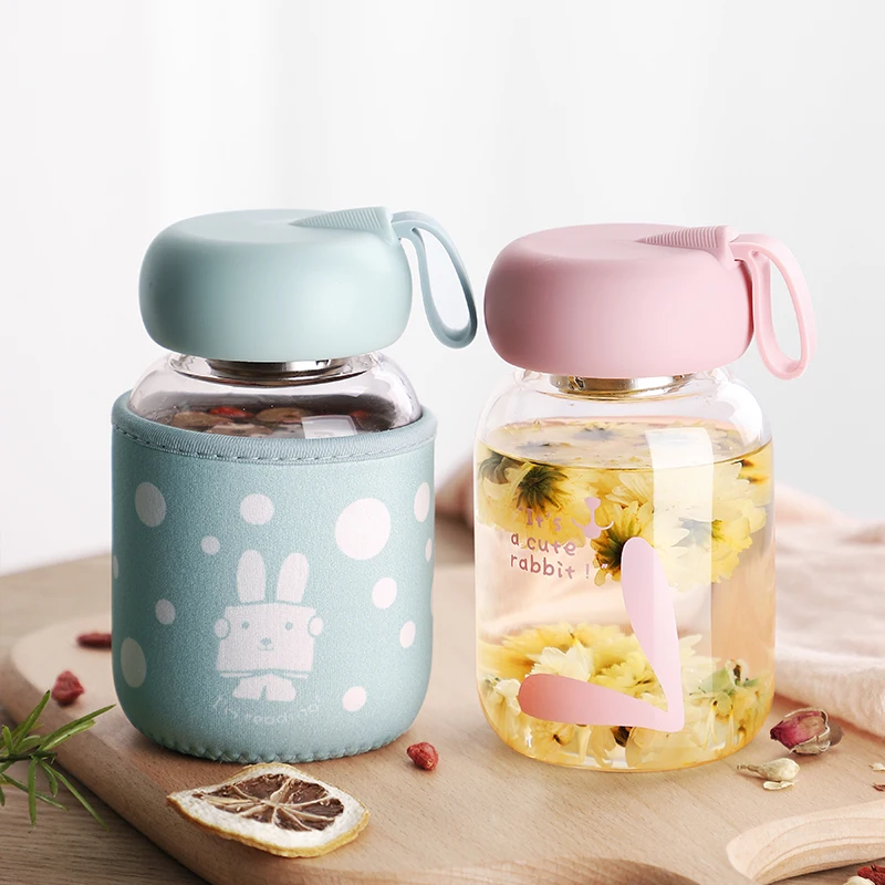 

380ml Glass Cup for Tea Travel Mug Rabbit Cups Tumbler w/t Infuser & Carry Handle Heat Resistant glass cups mugs