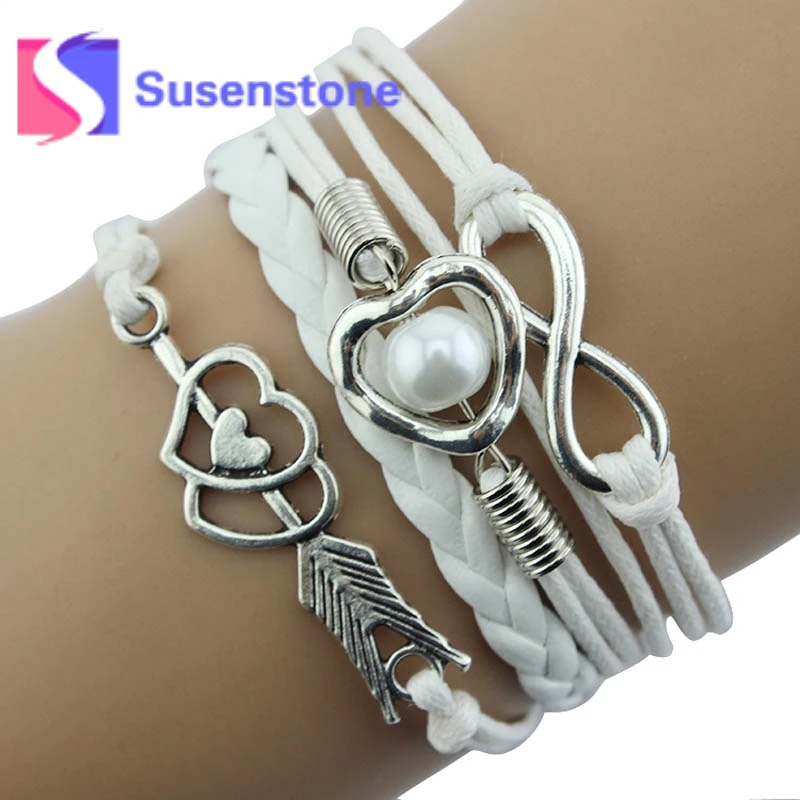 Gofuly Retro DIY Infinity Fashion Leather handcuffs Love Heart Pearl