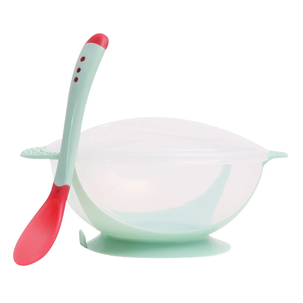 Baby Tableware Dinnerware Suction Bowl with Temperature Sensing Spoon baby food Baby Dinner Feeding Bowls Dishes Set - Color: Green