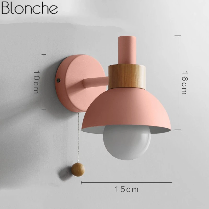 Скандинавские деревянные настенные лампы, светодиодные Настенные светильники для спальни, прикроватные, для ванной комнаты, современные зеркальные лампы, домашнее освещение, светильники - Цвет абажура: Розовый