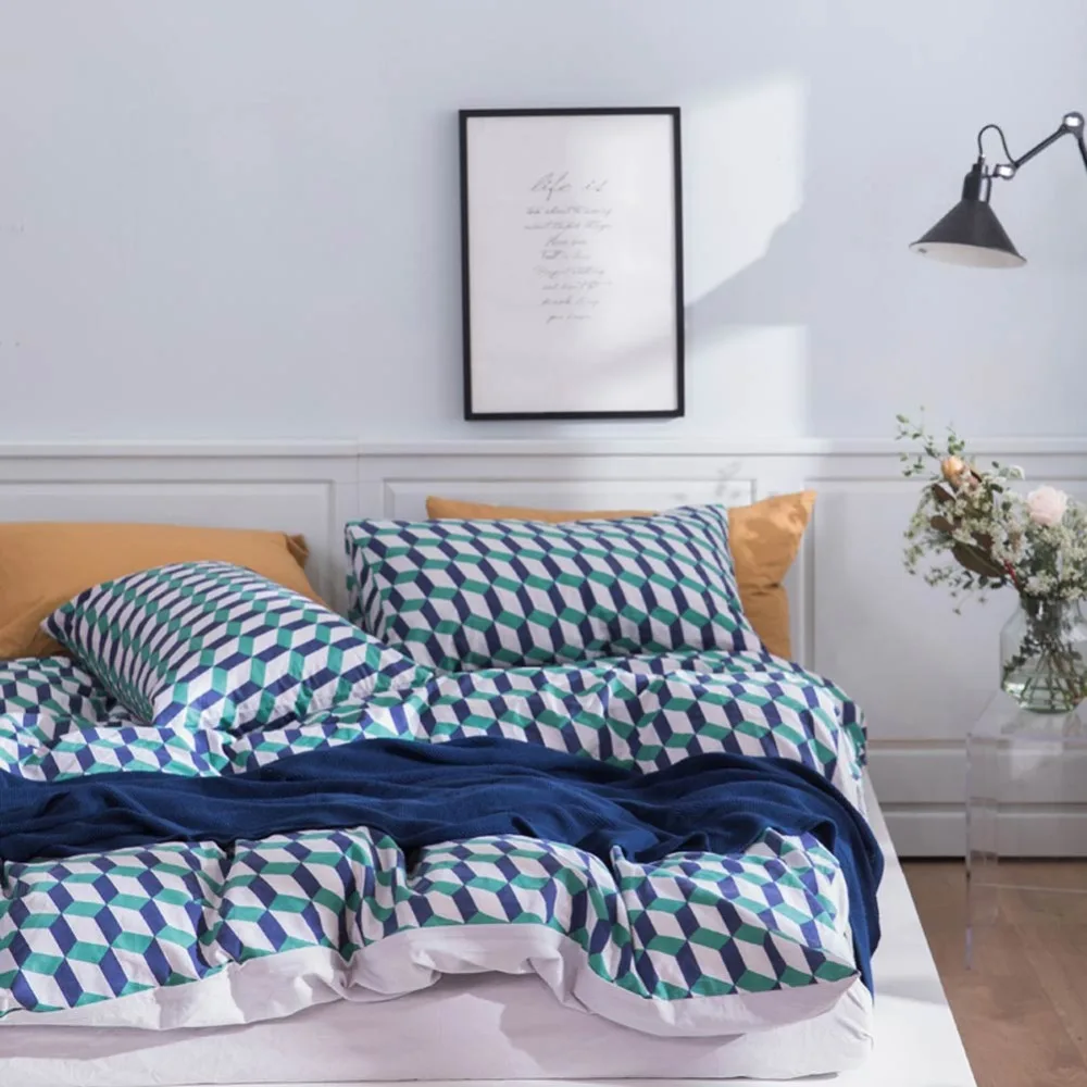 

2019 Blue Green Plaids Scandinavian Bedding Set Duvet Cover 4pcs Twin Queen King Flat Sheet Wash Cotton Bedlinens Pillowcases