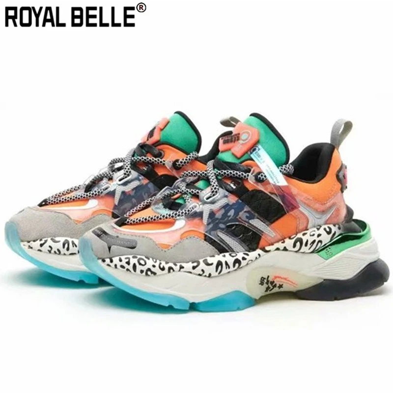 

Royal Belle Women Platform Leopard Leather Sneakers Patchwork Female Running Shoes Creepers Vulcanized Sneakers Casual Dad Shoes