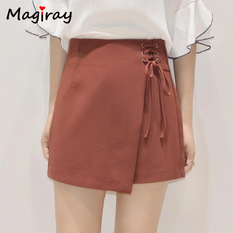 

Magiray A Line Asymmetric Mini Skirts Solid Lace Up Bandage High Waist Faldas Saia Chic Irregular Skort Shorts Summer Slim C480