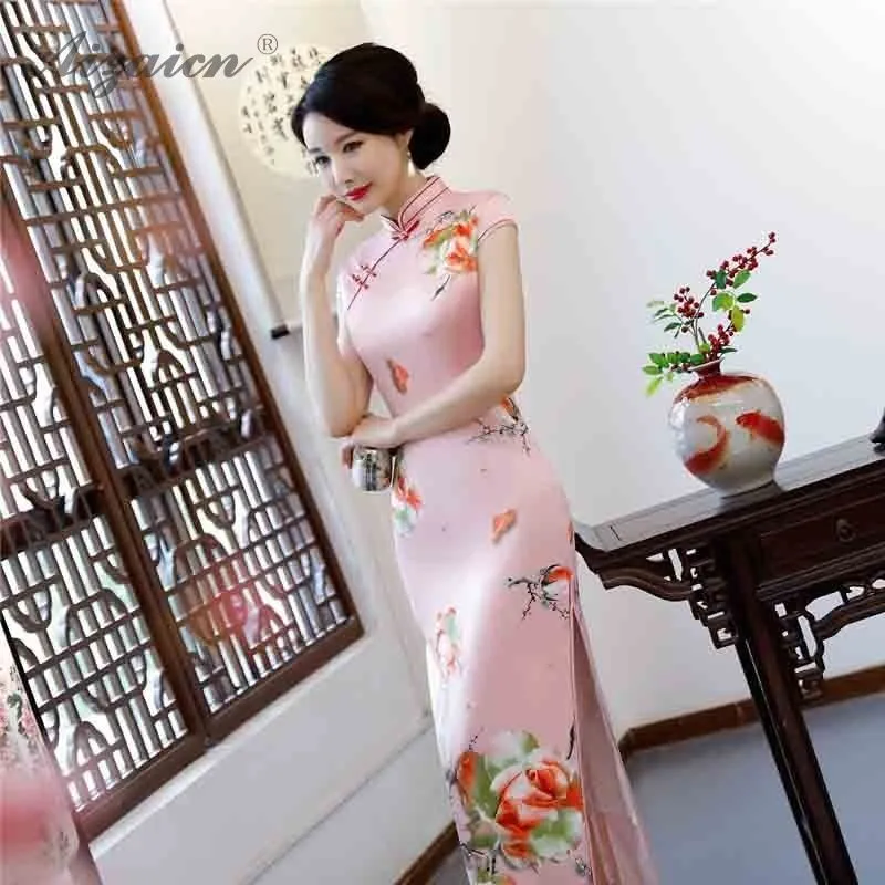 2019 Новый печати Cheongsam подобные шелковые длинные платья Oriental стиль Qipao для женщин китайское традиционное платье винтажное платье Qi Pao