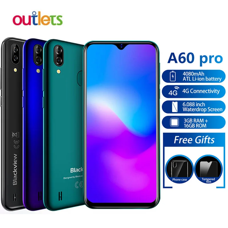 

Blackview A60 Pro Waterdrop Screen Smartphone MTK6761 3GB 16GB Android 9.0 Cellphone 4080mAh Fingerprint Face ID 4G Mobile Phone