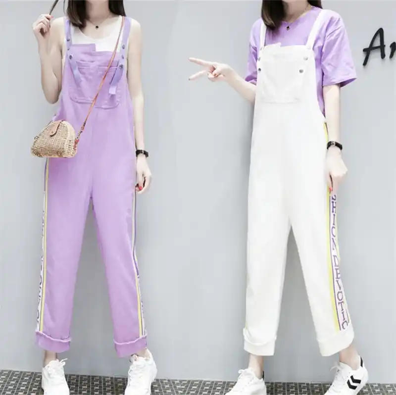 purple and white overalls