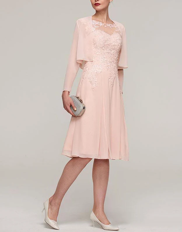 

Pink A-Line 2 Pieces Elegant Chiffon Knee Legth Mother Of The Bride Dress With Jacket Lace Applique Formal Mother Dress