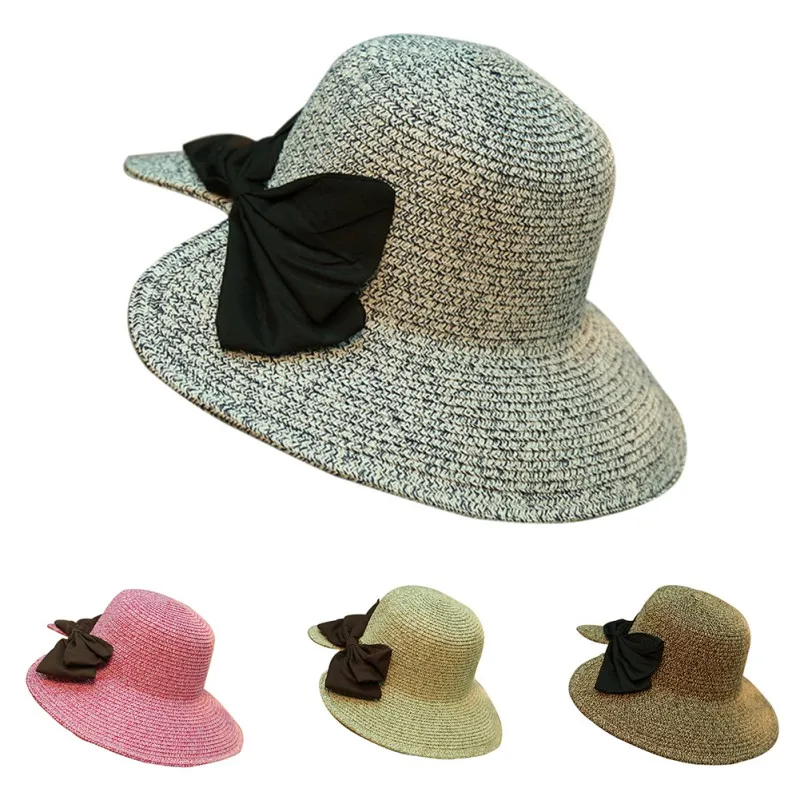 Уличная Женская Складная широкополая шляпа, сплошная раскол за широкими большими полями, летняя пляжная спортивная шапка, кепка, пляжный солнцезащитный козырек с большим бантом