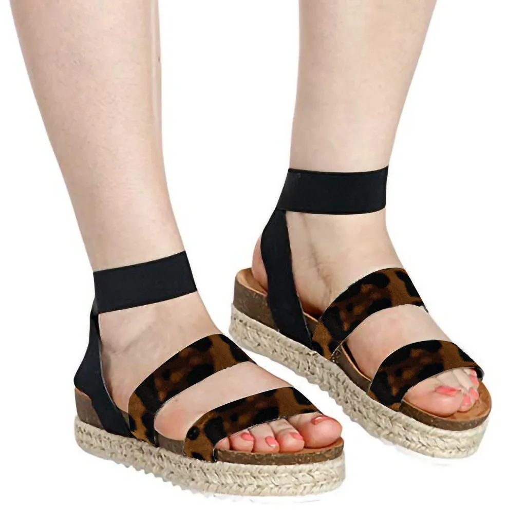 2019 New Hot Womens Fashion Leopard Flats Open Toe Ankle Elastic Band Straps Roman Sandals Sandalias de moda las mujeres | Обувь