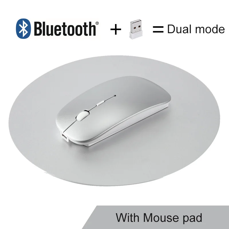 2 в 1 Bluetooth+ 2,4G USB Беспроводная мышь перезаряжаемая эргономичная игровая мышь для Macbook lenovo Dell Asus hp ноутбук компьютер - Цвет: Silver with mousepad
