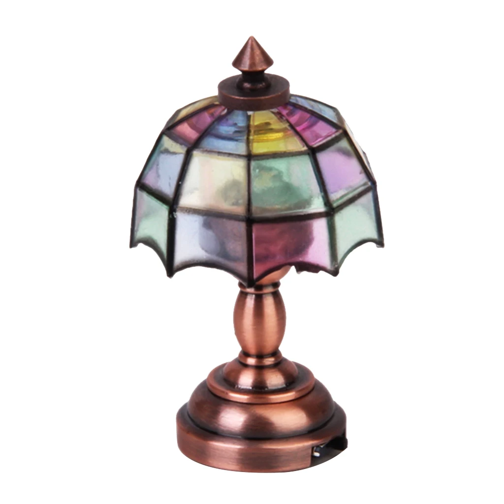 1:12 Масштаб Кукольный домик Миниатюрный бронзовый металлический светодиодный настольный светильник Модель с разноцветный зонтик абажур аксессуары для кукольного дома