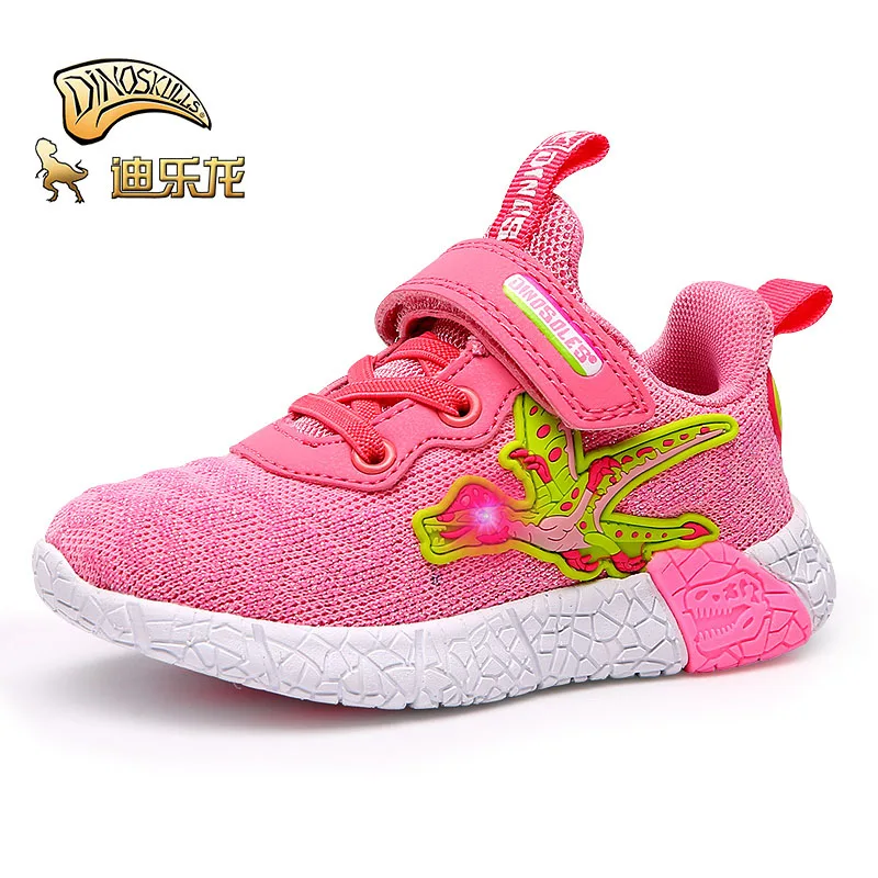 DINOSKULLS/Детские теннисные светящиеся кроссовки для девочек; детская спортивная обувь с динозавром; Светодиодный светильник; осенние сетчатые дышащие детские кроссовки - Цвет: Pink-LED