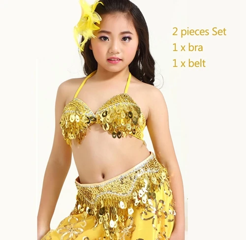 Детская профессиональная одежда для танца живота, 3 предмета, Восточный Костюм, бюстгальтер, пояс, юбка для девочек, костюм для танца живота, комплект для детей - Цвет: Gold bra belt