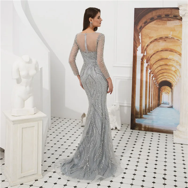 Robe De Soiree роскошное блестящее вечернее платье с длинными рукавами, много кристаллов, бисероплетение, Серебряное платье для выпускного вечера, вечернее платье