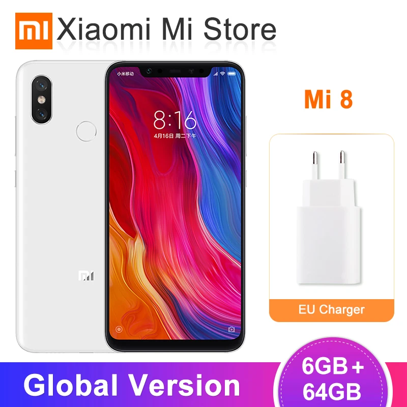  Международная версия Xiao mi 8 6 ГБ ОЗУ 64 Гб ПЗУ mi 8 Восьмиядерный процессор Snapdragon 845 6,21 "2248x1080 20 МП фронтальная камера NFC мобильный телефон 