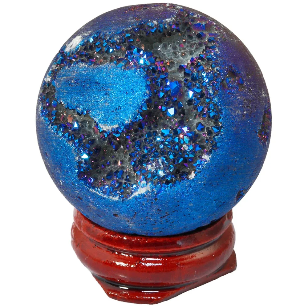 TUMBEELLUWA синее титановое покрытие друзы Агат Geode сфера шар divination рейки исцеляющая фигурка с деревянной подставкой
