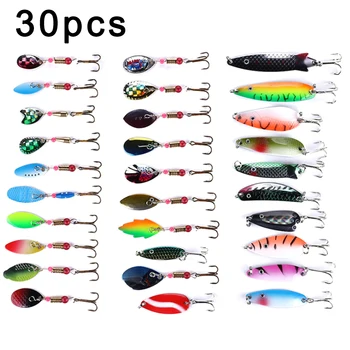

elenxs 30pcs/set Sequins Spinner Fish Hook Lures Lifelike Rotating Metal Fishing Bait Crankbaits
