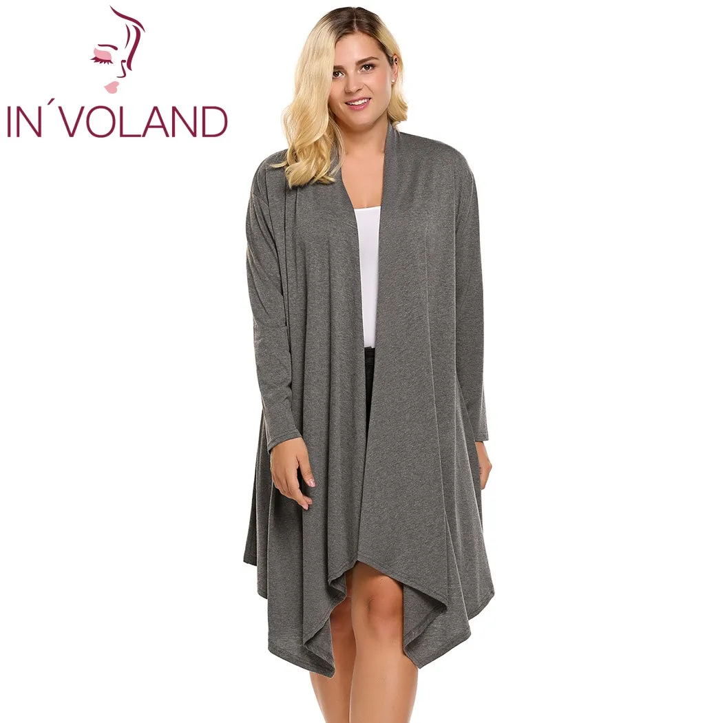 

IN'VOLAND Women's Cardigan Autumn Plus Size Long Sleeve Solid Draped Open Front Asymmetrical Long Ladies Cardigan Oversized 5XL