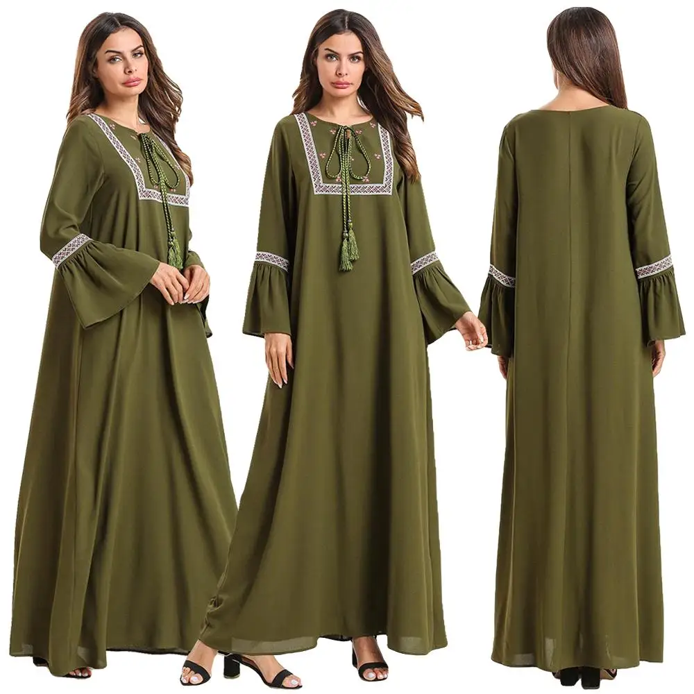 Этническая Вышивка abaya Дубай Длинное Макси платье для женщин мусульманский кафтан исламский халат Коктейльные Вечерние Большие размеры на шнурке Рамадан платье - Цвет: Зеленый