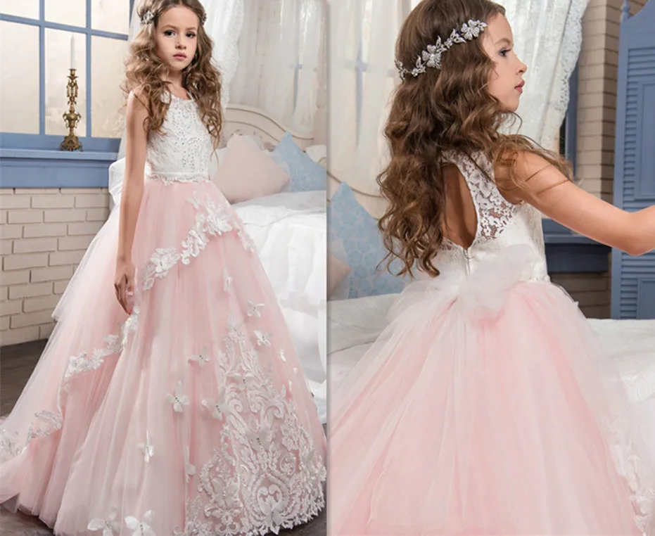 

Elegant A Line Flower Girls Dresses for Wedding 2018 New Zipper Back Girls Pageant First Communion Gowns Any Size