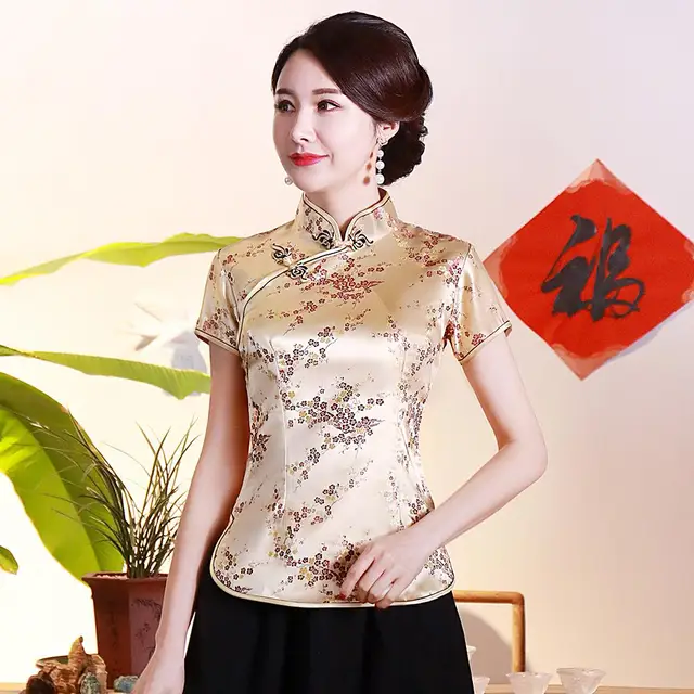 Vintage Flower Women Chinese Traditional Satin Blouse Summer Sexy Shirt Novelty Dragon Clothing Tops Plus Size 3XL 4XL WS009 Gold Flower