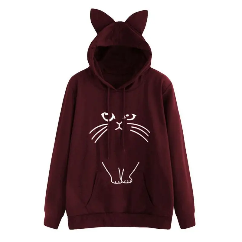 Кот уха пальто с капюшоном Для женщин Sweatershirt сна с принтом кота осень с длинным рукавом Пуловеры женские модная верхняя одежда Для женщин s T7