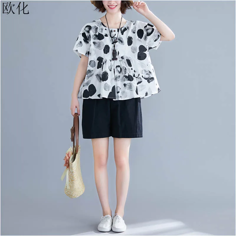 

2019 Summer New Women T Shirt Vintage Cotton Polka Dot Printed Tshirt Plus Size Short Sleeve Loose Tee Shirt Female Thin 4XL 5XL