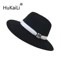 Черные двойные буквы металлический логотип шерсть джазовая шляпа Кепка шляпа широкий-шляпы с полями черно-белый декорации с лентой