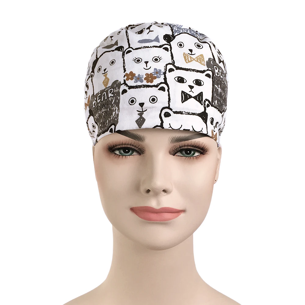 Viaoli 100% хлопковая мочалка шапки для женщин и мужчин больница медицинские шапочки принт кошка в черном Tieback эластичный раздел хирургические