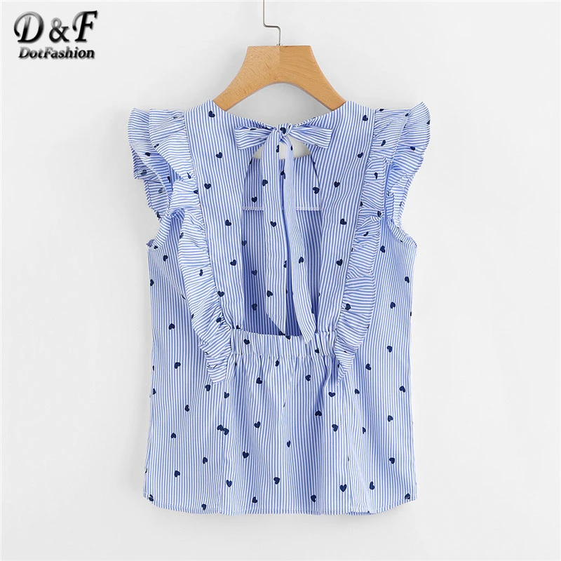 Dotfashion Frill Trim Open Back Bow Tie Detail Striped Top 2019 Summer Cap Sleeve Ruffle Slim Women Top Blue Round Neck Blouse