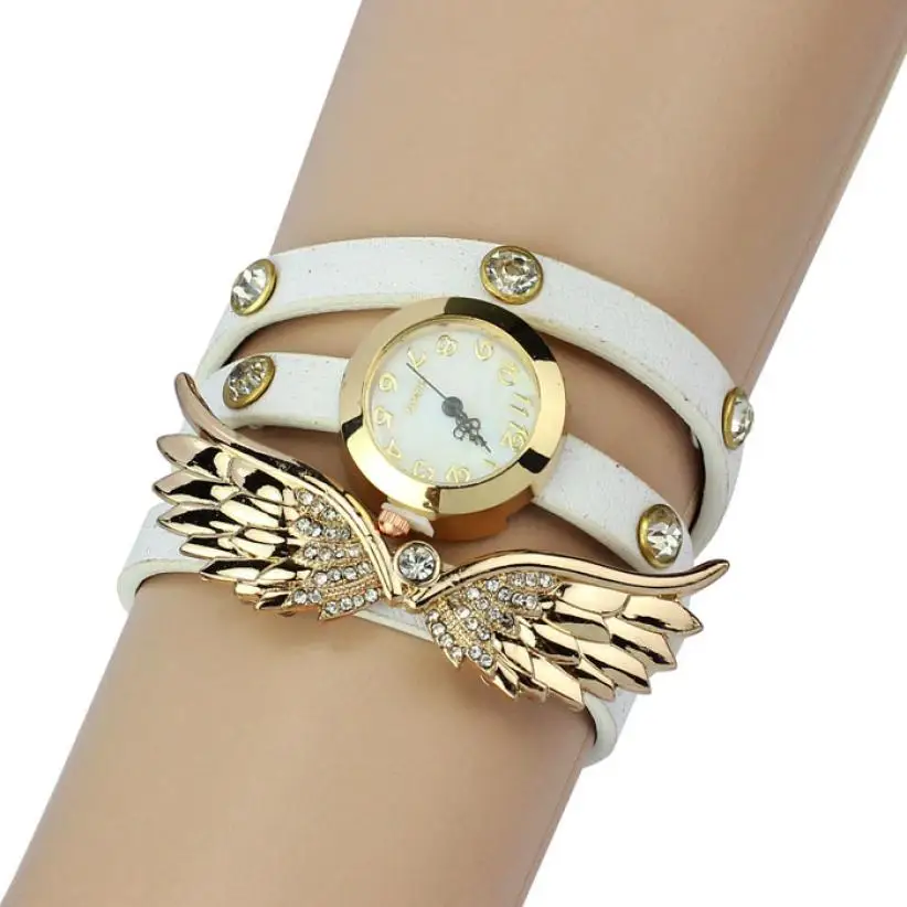 

New Vintage Leather Strap Angel Wings Rivet Bracelet Watches Wristwatch For Ladies Students Girls