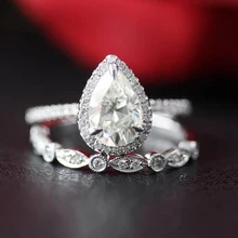 Набор обручальных колец Moissanite из белого золота 14 к 1,00ct 5x8 жумчужный разрез обручальное кольцо и обручальное кольцо на головщину