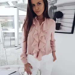 2018 оборками Блузка офисная блузка элегантные топы Повседневная обувь Slim Fit Для женщин облегающий костюм с длинным рукавом тела блузка