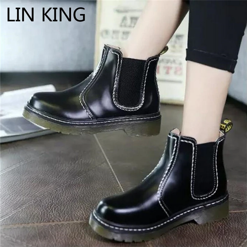 

LIN KING Botas Fashion Women Boots Square Heel Platforms Zapatos Mujer PU Leather Boots Motorcycle Shoes Retro Slip On Boots