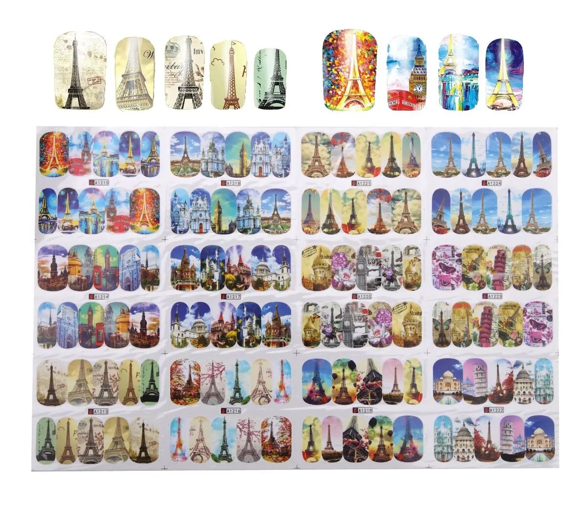 

1 Sheet Nail Art Water Transfer Sticker Building Style Eiffel Tower Sky Church Pattern Sticker Full Cover Gel Polish Tips Decals