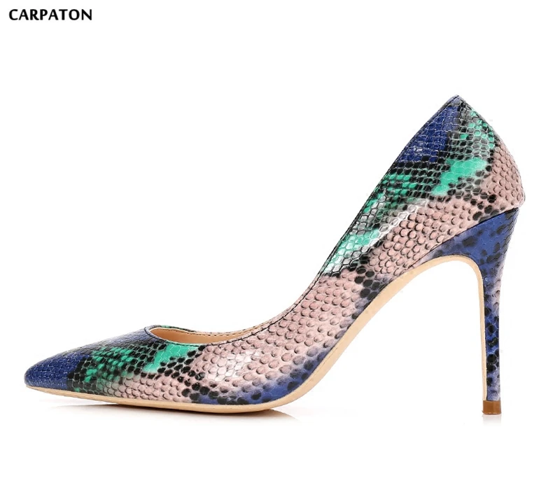 

Carpaton 2018 Newest Mixed Colors Snake Printed Leather HigHeel Shoes Pointed Toe Sexy Pumps for Woman Big Size Party Dress Heel