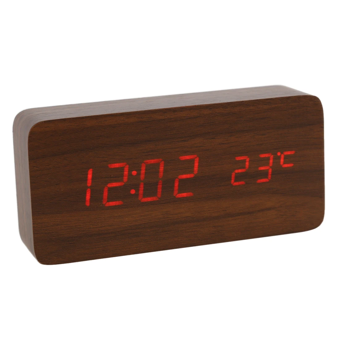 

Voice Control Calendar Thermometer Rectangle Wood Wooden LED Digital Alarm Clock USB/AAA
