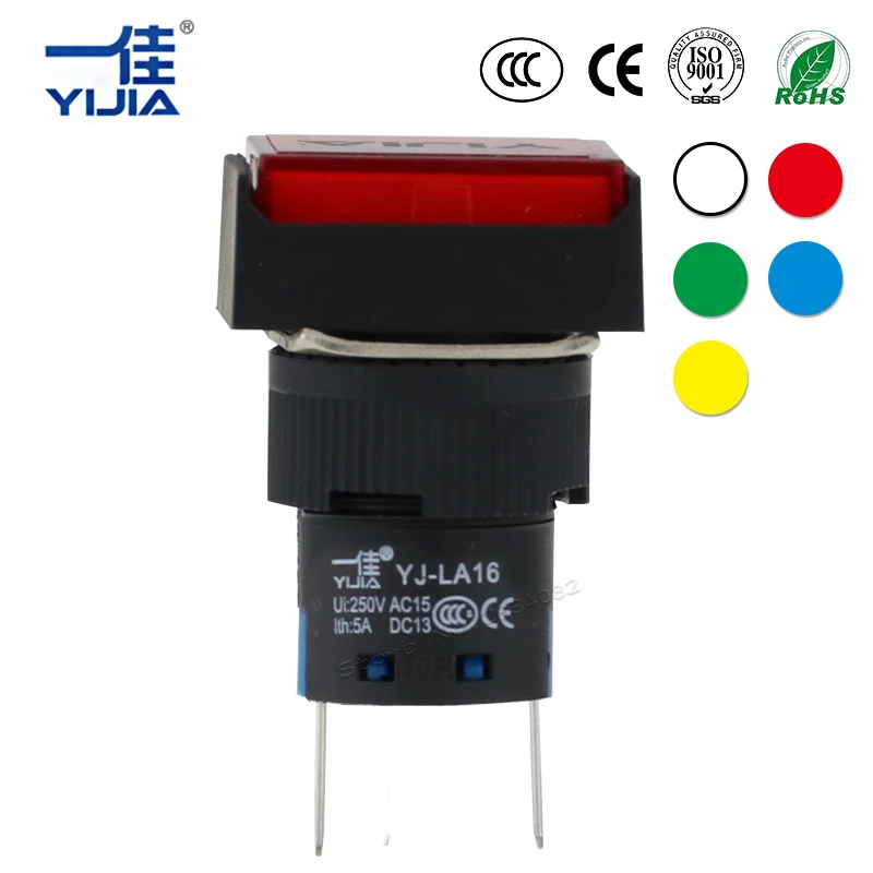 

LED 16mm Indicator Panel Mount two pins signal lamp illuminated pilot light Red/Green/Yellow/Blue/White rectangular LA16-D/J