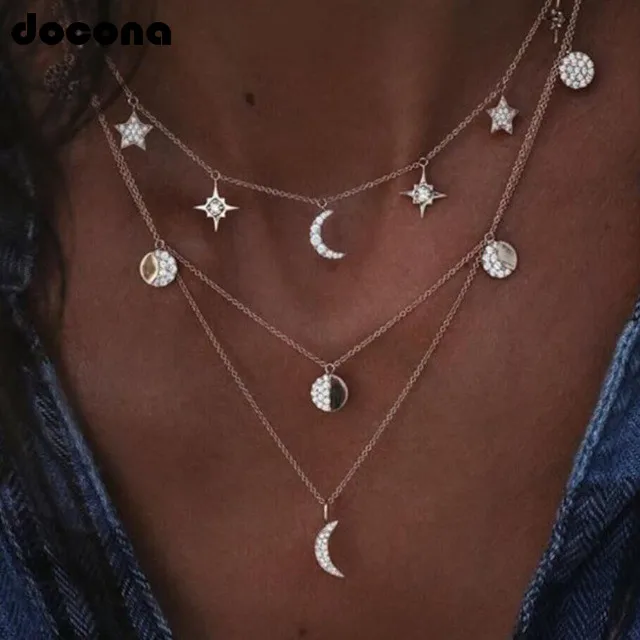 

Docona Bohemian Gold Star Moon Pendant Layered Necklace for Women Multi-layer Crystal Choker Necklace Jewelry Collars 6759