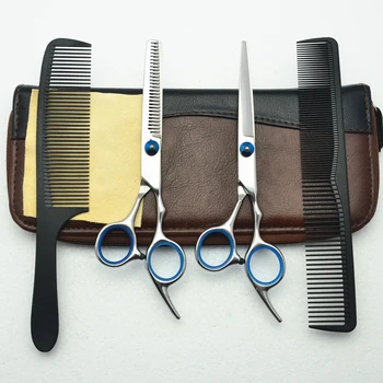 

4Pcs Suit 6'' Blue CUSTOMIZED LOGO Professional Human Hair Scissors Hairdressing Sears Combs + Cutting Scissor + Thinning C1001