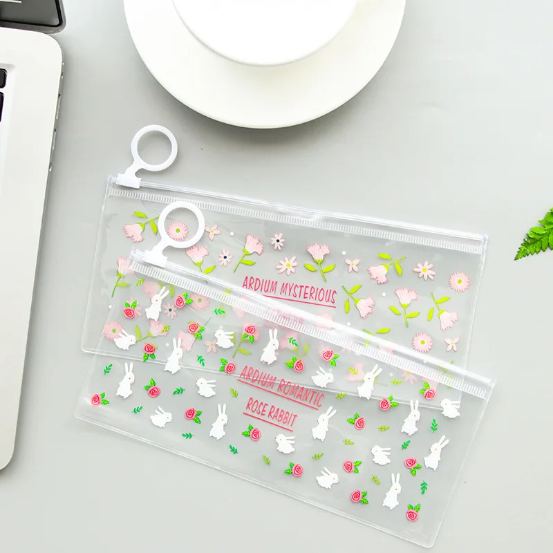 Kawaii Transparent Flowers Animals Pattern Pencil Bag PVC Waterproof Pen Case Pouch Cute box Stationery School Office Supplies