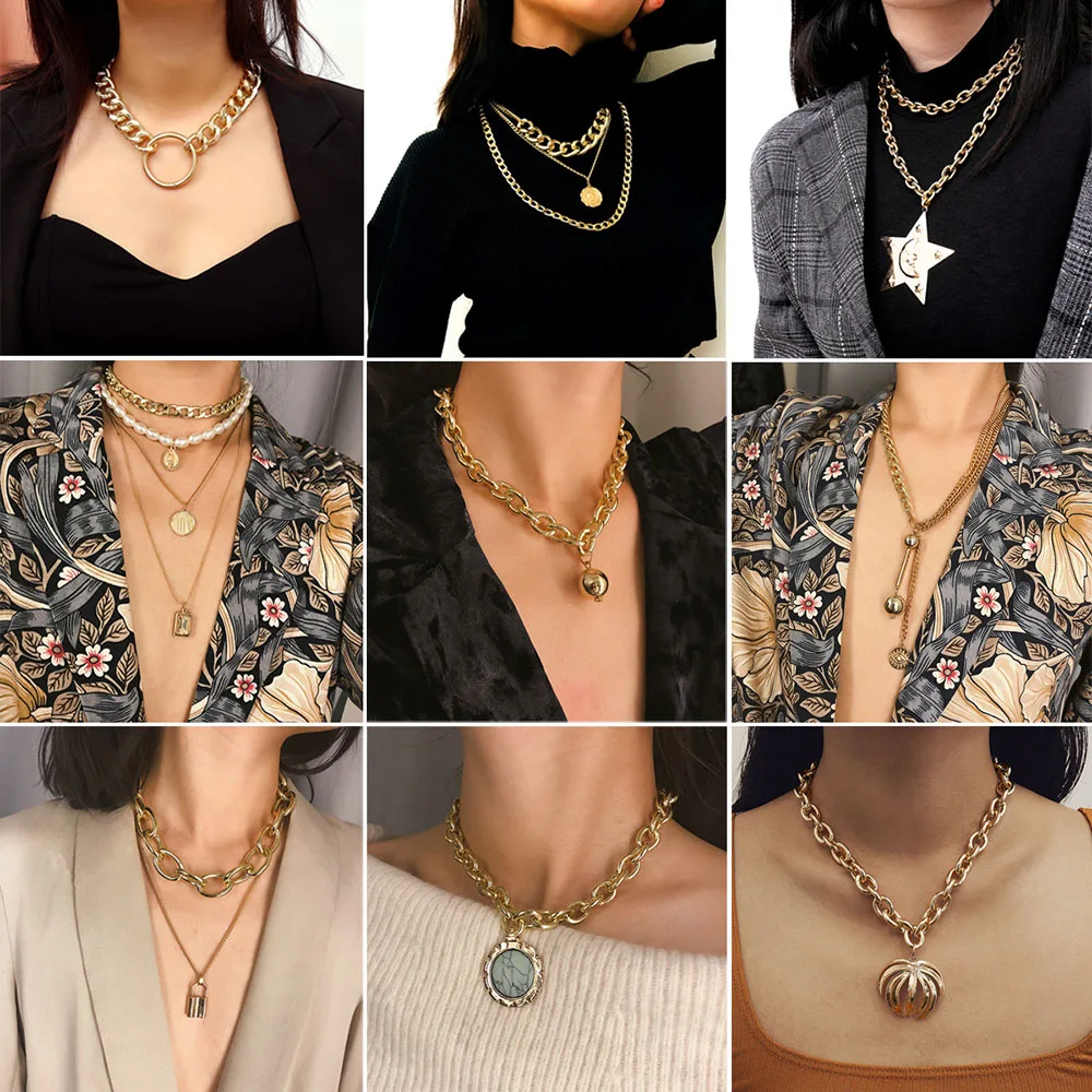 

MAA-OE Punk Exaggeration Choker Necklace For Women Big Thick Chain Round Hollow Multi-layer Pendant Long Necklace Jewelry