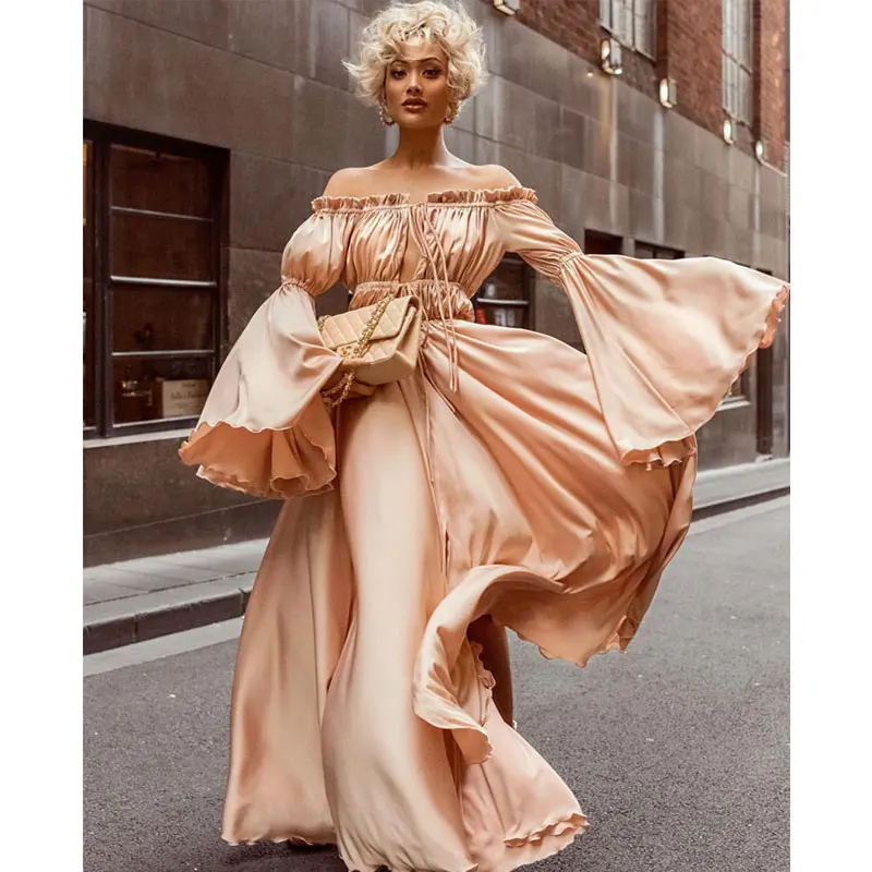 

Multiflora Spring 2019 Dress Gothic Maxi Vintage Dresses Elegant Long Sleeve Slash Neck Off Shoulder Ruffles Bandage Dress